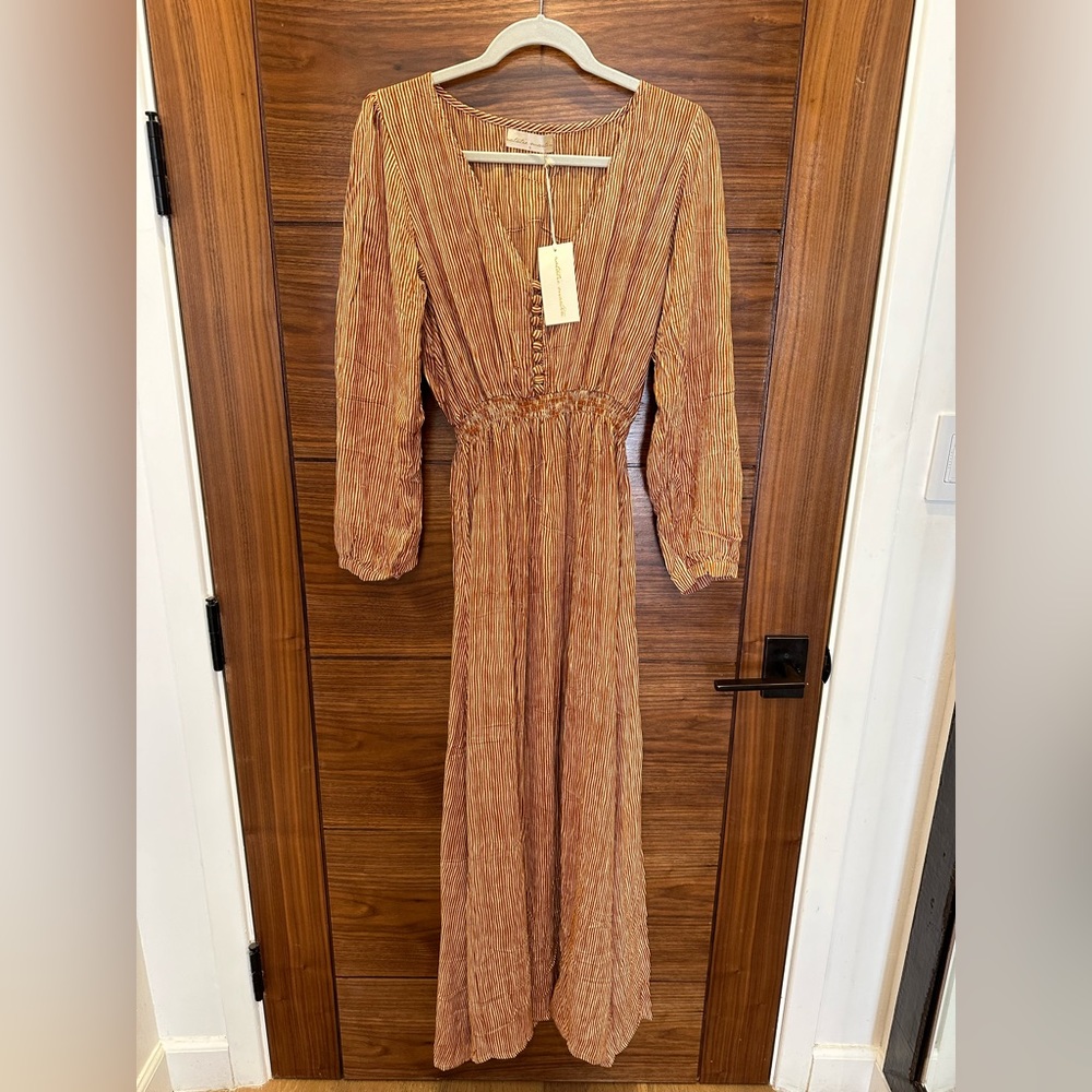 NEW Natalie Martin Silk Dress April Tan Striped Dress Size S Small new with tags
